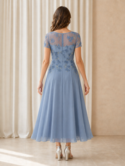 Lace Illusion Neck Short Sleeve Chiffon A‑Line Tea‑Length Dress Dusty Blue