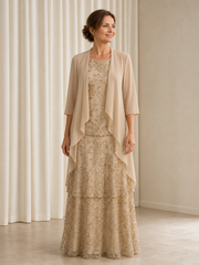 Sequin Lace Long Tiered Formal Gown With Chiffon Jacket Champagne