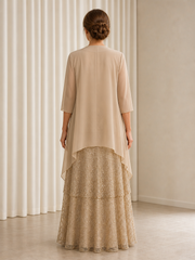 Sequin Lace Long Tiered Formal Gown With Chiffon Jacket Champagne