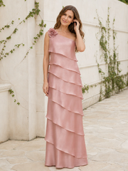 One‑Shoulder Tiered Ruffle Floor‑Length Dress With Flower Detail Dusty Rose