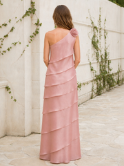 One‑Shoulder Tiered Ruffle Floor‑Length Dress With Flower Detail Dusty Rose
