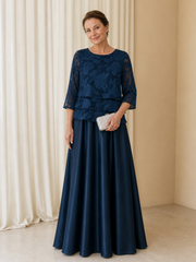 3/4 Sleeve Tiered Lace Top Long Satin Skirt Evening Gown Dark Navy