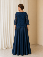 3/4 Sleeve Tiered Lace Top Long Satin Skirt Evening Gown Dark Navy