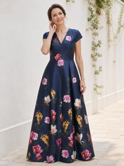 Satin V‑Neck Cap Sleeve Floral Print A‑Line Floor‑Length Dress Dark Navy