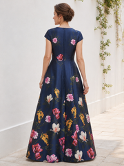 Satin V‑Neck Cap Sleeve Floral Print A‑Line Floor‑Length Dress Dark Navy