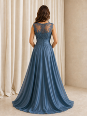 Illusion Neck Sleeveless Beaded Lace Mermaid Gown With Overskirt Ink Blue