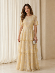 Pale Yellow Print Flutter Sleeves Round Neck Tiered A‑Line Dress Champagne