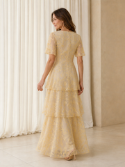 Pale Yellow Print Flutter Sleeves Round Neck Tiered A‑Line Dress Champagne