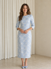Tea-length Floral Pattern Round Neck 3/4 Sleeve Sheath Formal Dress
