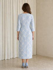 Tea-length Floral Pattern Round Neck 3/4 Sleeve Sheath Formal Dress