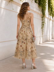 Illusion Neck Sleeveless Wildflower Embroidery Tulle A‑Line Midi Dress Champagne