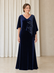 Velvet Cape Overlay Beaded Embellished Long V‑Neck Dress Dark Navy