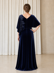 Velvet Cape Overlay Beaded Embellished Long V‑Neck Dress Dark Navy