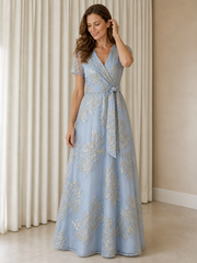 V‑Neck Short Sleeve Tulle A‑Line Floor‑Length Gown With Sash Tie
