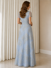 V‑Neck Short Sleeve Tulle A‑Line Floor‑Length Gown With Sash Tie