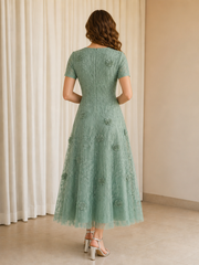 3D Rose Lace Short Sleeve Tea‑Length A‑Line Tulle Gown Agave