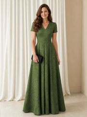 V‑Neck Short Sleeve Jacquard Textured Pleated A‑Line Long Dress Olive Green