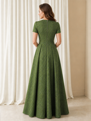 V‑Neck Short Sleeve Jacquard Textured Pleated A‑Line Long Dress Olive Green