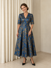 Jacquard V‑Neck A‑Line Half Sleeve Tea-Length Formal Dress