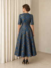 Jacquard V‑Neck A‑Line Half Sleeve Tea-Length Formal Dress