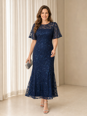 Sequin Leaf Lace Illusion Neck Flutter Sleeve Sheath Tea‑Length Dress Dark Navy
