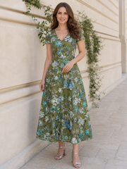 V‑Neck Short‑Sleeve Multicolor Sequin Lace Tulle A‑Line Midi Dress Olive Green