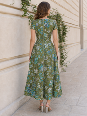 V‑Neck Short‑Sleeve Multicolor Sequin Lace Tulle A‑Line Midi Dress Olive Green