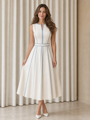 Sleeveless Piping Trim A-Line Tea-Length Formal Dress Ivory
