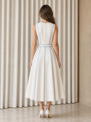 Sleeveless Piping Trim A-Line Tea-Length Formal Dress Ivory