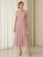 Sleeveless Lace Top Chiffon Ruffle A‑Line Midi Dress Dusty Rose