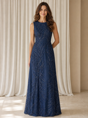 Sleeveless Round Neck Leaf‑Pattern Sequin A‑Line Floor‑Length Dress Dark Navy