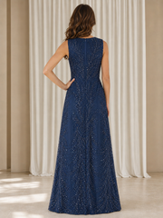 Sleeveless Round Neck Leaf‑Pattern Sequin A‑Line Floor‑Length Dress Dark Navy
