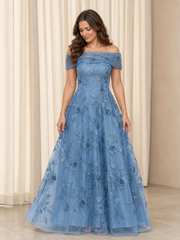 Off‑Shoulder 3D Rose Appliqué A‑Line Tulle Long Dress