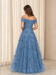 Off‑Shoulder 3D Rose Appliqué A‑Line Tulle Long Dress