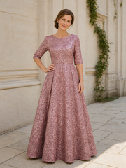Rose Pattern Half Sleeve A‑Line Round Neck Long Dress
