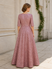 Rose Pattern Half Sleeve A‑Line Round Neck Long Dress