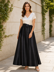 A-Line V‑Neck Short Sleeve Satin Long Gown With Bow Black
