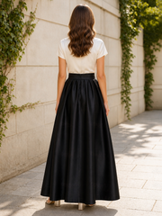 A-Line V‑Neck Short Sleeve Satin Long Gown With Bow Black