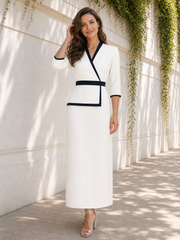 V‑Neck 3/4 Sleeve Stretch Crepe Wrap Waist Column Tea‑Length Dress Ivory