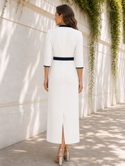 V‑Neck 3/4 Sleeve Stretch Crepe Wrap Waist Column Tea‑Length Dress Ivory