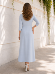 Elegant Sheath 3/4 Sleeves Midi Formal Dress with Shoulder Applique Sky Blue