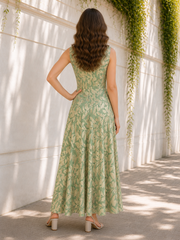 A-Line Pleated Leaf Print Sleeveless V‑Neck Ankle‑Length Dress Dusty Sage