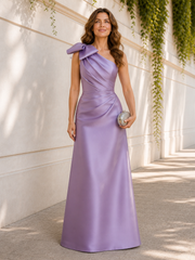 Satin One Shoulder Bow Floor Length Sleeveless Pleated Formal Gown