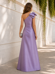 Satin One Shoulder Bow Floor Length Sleeveless Pleated Formal Gown