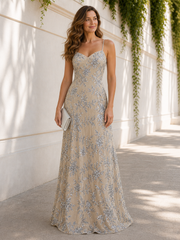 Long Spaghetti Straps Velvet Sequin A-Line Sweetheart Formal Dress Champagne