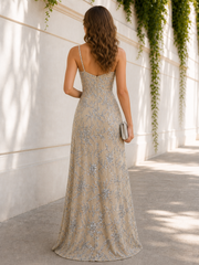 Long Spaghetti Straps Velvet Sequin A-Line Sweetheart Formal Dress Champagne