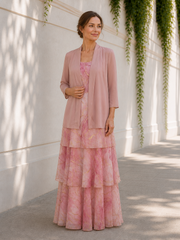 Two-Piece 3/4 Sleeve Jacket Tiered Chiffon Mother of The Bride Dress Dusty Rose