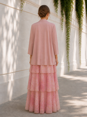 Two-Piece 3/4 Sleeve Jacket Tiered Chiffon Mother of The Bride Dress Dusty Rose