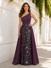 One‑Shoulder Solid Bodice Beaded Sequins Under‑Skirt Long Dress Grape