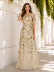 Maxi V‑Neck Flutter Short Sleeve Colorful Floral Tulle A‑Line Dress Champagne
